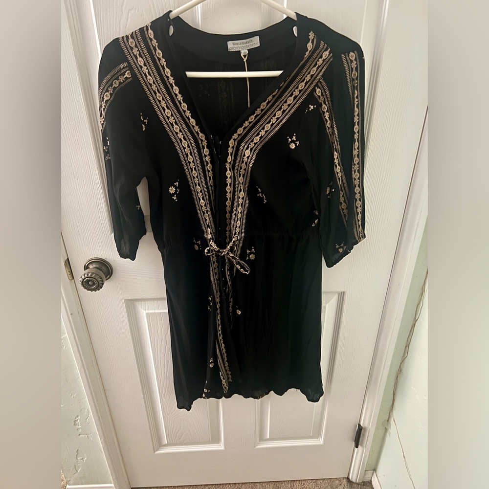 NWT World Market Black Dress with Cream Embroidery and Tie Waist, Size S/M